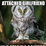 Owl | I BEAT OVERLY ATTACHED GIRLFRIEND IN A STARING CONTEST | image tagged in owl | made w/ Imgflip meme maker