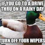 Advice mallard  | IF YOU GO TO A DRIVE THRU ON A RAINY DAY TURN OFF YOUR WIPERS | image tagged in advice mallard  | made w/ Imgflip meme maker