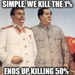 Stalin and Mao | SIMPLE, WE KILL THE 1% ENDS UP KILLING 50% | image tagged in stalin and mao | made w/ Imgflip meme maker