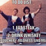bill and ted | TO DO LIST: 1. EAT STEAK 2. DRINK WHISKEY 3.DEBAUCHERY, MADNESS, AND MAYHEM | image tagged in bill and ted | made w/ Imgflip meme maker