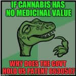 raptor | IF CANNABIS HAS NO MEDICINAL VALUE WHY DOES THE GOVT HOLD US PATENT 6630507 | image tagged in raptor | made w/ Imgflip meme maker