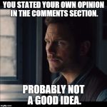 Please can we make this a real meme. | YOU STATED YOUR OWN OPINION IN THE COMMENTS SECTION. PROBABLY NOT A GOOD IDEA. | image tagged in probably not a good idea,memes,chris pratt,comments,jurassic world | made w/ Imgflip meme maker