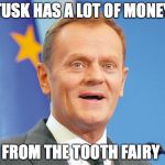 donald tusk | TUSK HAS A LOT OF MONEY FROM THE TOOTH FAIRY | image tagged in donald tusk | made w/ Imgflip meme maker