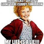 annie | THE FORECAST SAYS IT'S GOING TO BE CLOUDY TOMORROW MY LIFE IS A LIE!!! | image tagged in annie | made w/ Imgflip meme maker