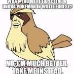 Handsome Pidgey | WHAT, YOU WERE EXPECTING A UNOVA POKEMON IN WHITE FOREST? NO, I'M MUCH BETTER, TAKE ME INSTEAD. | image tagged in handsome pidgey,pokemon | made w/ Imgflip meme maker