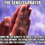 faprayer | THE SENILITY PRAYER GRANT ME THE SENILITY TO FORGET THE PEOPLEI NEVER LIKED ANYWAY,THE GOOD FORTUNE TO RUN INTO THE ONES I DO, ANDTHE EYE | image tagged in faprayer | made w/ Imgflip meme maker