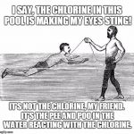 Grammar Lesson | I SAY, THE CHLORINE IN THIS POOL IS MAKING MY EYES STING! IT'S NOT THE CHLORINE, MY FRIEND. IT'S THE PEE AND POO IN THE WATER REACTING WITH  | image tagged in grammar lesson | made w/ Imgflip meme maker