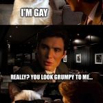 Grumpy cat pulling a fast one... | I'M GAY REALLY? YOU LOOK GRUMPY TO ME... | image tagged in leonardo and grumpy cat,memes | made w/ Imgflip meme maker