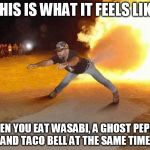 fire fart | THIS IS WHAT IT FEELS LIKE WHEN YOU EAT WASABI, A GHOST PEPPER AND TACO BELL AT THE SAME TIME | image tagged in fire fart | made w/ Imgflip meme maker