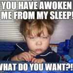 Cranky face | YOU HAVE AWOKEN ME FROM MY SLEEP! WHAT DO YOU WANT?!? | image tagged in cranky face | made w/ Imgflip meme maker