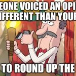 Gravity Falls Round Up The Mob | SOMEONE VOICED AN OPINION DIFFERENT THAN YOURS TIME TO ROUND UP THE MOB | image tagged in gravity falls round up the mob | made w/ Imgflip meme maker