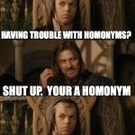 One Does Not Simply | WON DOES NOT SIMPLY NO, WAIT... UM ONE DOES KNOT SIMPLY NO, THAT'S NOT RIGHT EITHER HAVING TROUBLE WITH HOMONYMS? SHUT UP.  YOUR A HOMONYM " | image tagged in one does not simply | made w/ Imgflip meme maker
