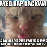 derpcat | PLAYED RAP BACKWARD OPENED SAVINGS ACCOUNT, PRACTICED MONOGAMY AND WORE CLOTHES IN MY ACTUAL SIZE | image tagged in derpcat | made w/ Imgflip meme maker