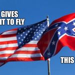 Confederate/American Flag | THIS FLAG GIVES ME THE RIGHT TO FLY THIS FLAG | image tagged in confederate/american flag | made w/ Imgflip meme maker