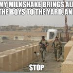 MY MILKSHAKE BRINGS ALL THE BOYS TO THE YARD, AND STOP | image tagged in iraq,milkshake | made w/ Imgflip meme maker