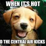 Happy puppy | WHEN IT'S HOT AND THE CENTRAL AIR KICKS ON | image tagged in happy puppy | made w/ Imgflip meme maker