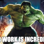Incredible Hulk | OUR WORK IS INCREDIBLE | image tagged in incredible hulk | made w/ Imgflip meme maker