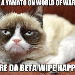 Grumpycat | I HAD A YAMATO ON WORLD OF WARSHIPS BEFORE DA BETA WIPE HAPPENED | image tagged in grumpycat | made w/ Imgflip meme maker