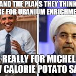 Michelle's potato salad | AND THE PLANS THEY THINK ARE FOR URANIUM ENRICHMENT ARE REALLY FOR MICHELLE'S LOW CALORIE POTATO SALAD | image tagged in obama and iran,memes | made w/ Imgflip meme maker