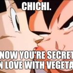 goku 2 | CHICHI. I KNOW YOU'RE SECRETLY IN LOVE WITH VEGETA... | image tagged in goku 2,dbz,anime | made w/ Imgflip meme maker