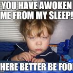 Cranky face | YOU HAVE AWOKEN ME FROM MY SLEEP! THERE BETTER BE FOOD | image tagged in cranky face | made w/ Imgflip meme maker