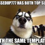 I think we have a new record? | MESSEDUP777 HAS BOTH TOP SLOTS WITH THE SAME TEMPLATE?! | image tagged in surprised dog,memes | made w/ Imgflip meme maker