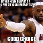 lebron james | SO ITS EITHER KEVIN DURANT OR MYSELF YOU PUT ON YOUR FANTASY TEAM GOOD CHOICE | image tagged in lebron james,basketball,nba | made w/ Imgflip meme maker