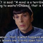 Open mind
 | It is said: "A mind is a terrible thing to waste". Indeed, that is true. However, that is what happens when one leaves one's mind open too l | image tagged in spock | made w/ Imgflip meme maker