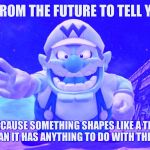 Future Wario | I COME FROM THE FUTURE TO TELL YOU THAT JUST BECAUSE SOMETHING SHAPES LIKE A TRIANGLE DOESN'T MEAN IT HAS ANYTHING TO DO WITH THE ILLUMINATI | image tagged in future wario | made w/ Imgflip meme maker