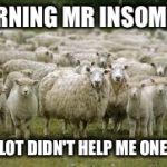 sheeps | MORNING MR INSOMNIA YOU LOT DIDN'T HELP ME ONE BIT | image tagged in sheeps | made w/ Imgflip meme maker