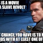 Terminator X | THIS IS A MOVIE ABOUT A SLAVE REVOLT ONLY CHANCE YOU HAVE IS TO MAKE FRIENDS WITH AT LEAST ONE OF THEM | image tagged in terminator x,scumbag | made w/ Imgflip meme maker