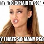ariana grande | ME TRYIN TO EXPLAIN TO SOMEONE WHY I HATE SO MANY PEOPLE | image tagged in ariana grande | made w/ Imgflip meme maker