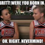 GOD BRITT! WERE YOU BORN IN A......... OH. RIGHT. NEVERMIND! | image tagged in glee,brittana | made w/ Imgflip meme maker