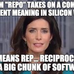 Fox News Explains Github | THE TERM "REPO" TAKES ON A COMPLETELY DIFFERENT MEANING IN SILICON VALLEY. IT MEANS REP... RECIPROCITY, OR A BIG CHUNK OF SOFTWARE | image tagged in fox news explains github | made w/ Imgflip meme maker