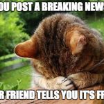 Embarrassed Cat | WHEN YOU POST A BREAKING NEWS STORY AND YOUR FRIEND TELLS YOU IT'S FROM 2011 | image tagged in embarrassed cat | made w/ Imgflip meme maker
