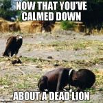 Death in Africa | NOW THAT YOU'VE CALMED DOWN ABOUT A DEAD LION | image tagged in death,dead lion,memes | made w/ Imgflip meme maker
