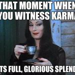 Morticia drinking tea | THAT MOMENT WHEN YOU WITNESS KARMA IN ITS FULL, GLORIOUS SPLENDOR | image tagged in morticia drinking tea | made w/ Imgflip meme maker