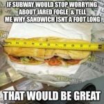 Jared Fogle | IF SUBWAY WOULD STOP WORRYING ABOUT JARED FOGLE  & TELL ME WHY SANDWICH ISNT A FOOT LONG THAT WOULD BE GREAT | image tagged in jared fogle,subway,that would be great | made w/ Imgflip meme maker