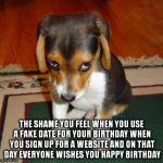ashamed puppy | THE SHAME YOU FEEL WHEN YOU USE A FAKE DATE FOR YOUR BIRTHDAY WHEN YOU SIGN UP FOR A WEBSITE AND ON THAT DAY EVERYONE WISHES YOU HAPPY BIRTH | image tagged in ashamed puppy | made w/ Imgflip meme maker