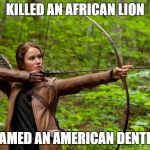 Katniss | KILLED AN AFRICAN LION FRAMED AN AMERICAN DENTIST | image tagged in katniss,cecil the lion | made w/ Imgflip meme maker