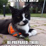 SAFETY CAT | SAFETY CAT SAYS BE PREPARED. THERE IS A 90% CHANCE TODAY OF RAIN OF CATS AND DOGS. | image tagged in safety cat | made w/ Imgflip meme maker