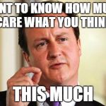 David Cameron  | WANT TO KNOW HOW MUCH I CARE WHAT YOU THINK? THIS MUCH | image tagged in david cameron  | made w/ Imgflip meme maker