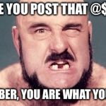 The meme reflects on the person who posted it, so let's put our best foot forward | BEFORE YOU POST THAT @$X&#% REMEMBER, YOU ARE WHAT YOU MEME | image tagged in mad dog,memes | made w/ Imgflip meme maker