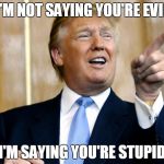 Donald Trump Pointing | I'M NOT SAYING YOU'RE EVIL I'M SAYING YOU'RE STUPID | image tagged in donald trump pointing | made w/ Imgflip meme maker