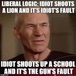 Picard_Disgusted | LIBERAL LOGIC: IDIOT SHOOTS A LION AND IT'S IDIOT'S FAULT IDIOT SHOOTS UP A SCHOOL AND IT'S THE GUN'S FAULT | image tagged in picard_disgusted | made w/ Imgflip meme maker