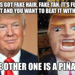 Trump Pinata | IT'S GOT FAKE HAIR, FAKE TAN, IT'S FULL OF SHIT AND YOU WANT TO BEAT IT WITH A BAT! THE OTHER ONE IS A PIÑATA! | image tagged in trump pinata | made w/ Imgflip meme maker