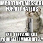 suicide | IMPORTANT MESSAGE FOR ALL HATERS EXIT LEFT AND KILL YOURSELF IMMEDIATELY | image tagged in suicide | made w/ Imgflip meme maker