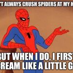 Spiderman gets real | I DON'T ALWAYS CRUSH SPIDERS AT MY HOUSE BUT WHEN I DO, I FIRST SCREAM LIKE A LITTLE GIRL | image tagged in you know why i'm here spiderman,memes | made w/ Imgflip meme maker