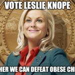 Vote Leslie Knope, Defeat Obese Children | VOTE LESLIE KNOPE TOGETHER WE CAN DEFEAT OBESE CHILDREN | image tagged in leslie knope,vote,fat kid,children,obese,parks and rec | made w/ Imgflip meme maker