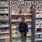 Kid in fridge | CAN I COME INTO           THE OUT NOW? | image tagged in kid in fridge | made w/ Imgflip meme maker